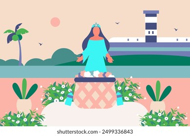 
Ilustración vectorial de la celebración de Yemanjá en Bahía, Brasil: ofrendas de flores, botes en el mar y la figura serena de Yemanjá.