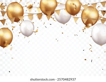 Vector Illustration of Celebration banner with gold confetti and balloons