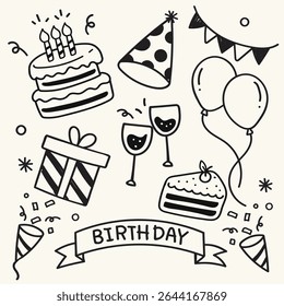 ilustração vetorial de celebração aniversário doodle arte conjunto, rabiscar mão desenhado arte, ícone e símbolo