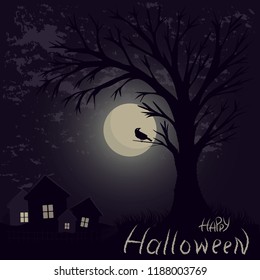 vector illustration in celebration of the day of halloween, with the inscription of happy halloween. In the picture the moon tree and the house at night. To celebrate the celebration of Halloween.