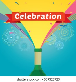 Vector illustration of celebration with fireworks and champagne bottle background.
