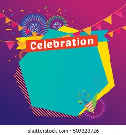 Vector illustration of celebration with fireworks and champagne bottle background.