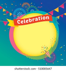 Vector illustration of celebration with fireworks and champagne bottle background.