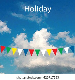 vector illustration with celebration flags on rope on cloudy low poly sky and sample text