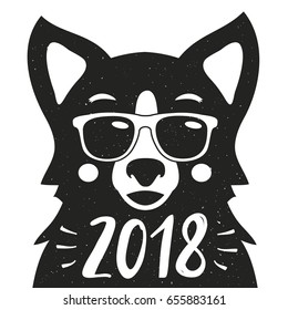 Vector Illustration, celebration greeting card with hipster dog in sunglasses. 2018 Happy New Year greeting card