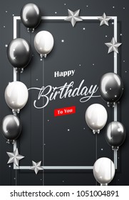 Vector Illustration Of Celebration Happy Birthday Party Banner With Silver And Black Balloons