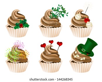 Vector illustration of celebration and holidays cupcakes