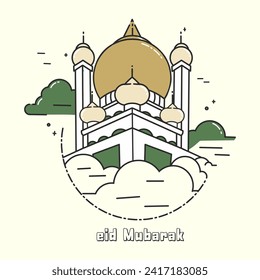 Ilustración vectorial para la celebración del sagrado mes de Ramadán kareem con diseño de arte de línea. luna, estrellas, linterna, mezquita en las nubes. Tarjeta de felicitación Ramadan Mubarak.