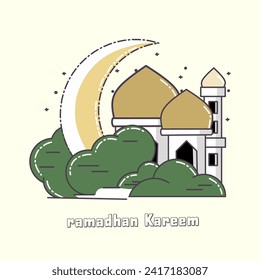 Vector illustration for the celebration of the holy month of Ramadan kareem with line art design. moon, stars, lantern, mosque in the clouds. Ramadan mubarak Greeting card.