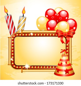 Vector illustration of celebration motives. Elements (hat, bow, banner, balloons, candles, background) are grouped and layered. Each layer named. Easy to edit. 