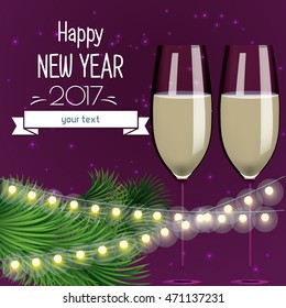 vector illustration of celebration of new year and Christmas with glasses of champagne, fireworks, light bulbs, colorful and bright,happy New year 2017,Christmas balls and Christmas tree branch