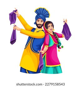 Vector illustration of celebration of Punjabi festival Baisakhi. Illustration of Sikh Punjabi couple dancing folk dance bhangra on holiday like Lohri or Baisakhi.