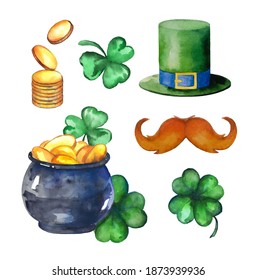 Vector illustration for the celebration of St. Patrick's Day. Set of watercolor stickers. Three leaf and four leaf clover, pot of gold coins, hat and a silhouette of a leprechaun with a red beard.