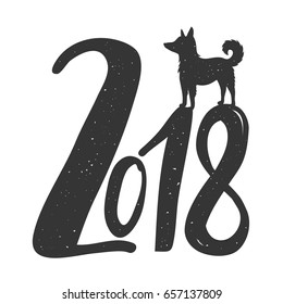 Vector Illustration, celebration typography poster with dog silhouette. 2018 Happy New Year greeting card