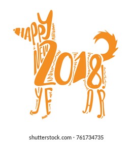 Vector Illustration, celebration typography poster with dog silhouette. Happy 2018 new year