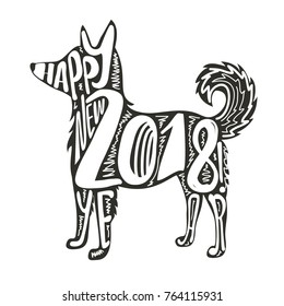 Vector Illustration, celebration typography poster with black and white dog silhouette and lettering text. Happy 2018 new year!