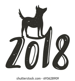 Vector Illustration, celebration typography vintage poster with dog silhouette. 2018 Happy New Year greeting card