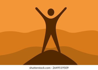 Vector illustration of a celebratory human figure on a hill amidst warm orange tones, evoking inspiration, joy and success.