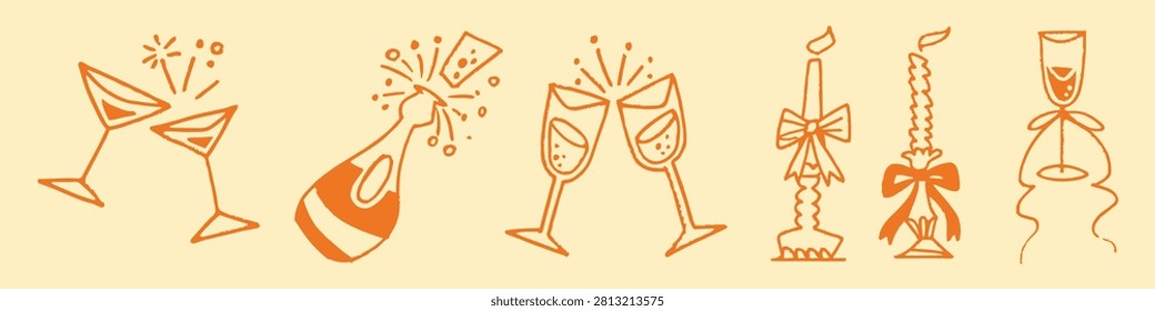 Vector illustration of celebratory icons: clinking glasses, champagne bottle, and candles with bows, all in a festive orange on a light background.