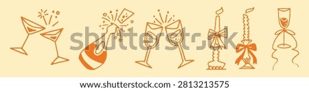 Vector illustration of celebratory icons: clinking glasses, champagne bottle, and candles with bows, all in a festive orange on a light background.