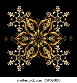 Vector illustration. Celebratory ornamental pattern with golden snowflakes hanging for strings and packaging.