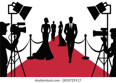 Vector illustration of celebrities walking on a red carpet, surrounded by photographers with cameras and studio lights, isolated on a white background.