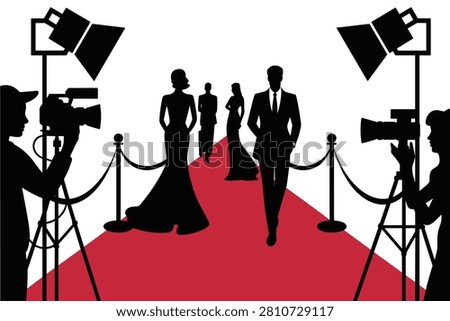 Vector illustration of celebrities walking on a red carpet, surrounded by photographers with cameras and studio lights, isolated on a white background.