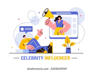 Vector Illustration of Celebrity Influencers Posting on the Internet for Advertising, Marketing, Daily Life, or Endorsements in a Flat Cartoon Style