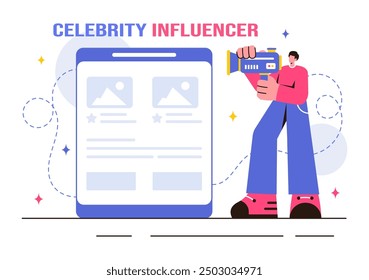 Vector Illustration of Celebrity Influencers Posting on the Internet for Advertising, Marketing, Daily Life, or Endorsements in a Flat Cartoon Style