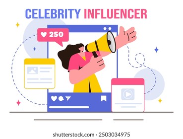 Vector Illustration of Celebrity Influencers Posting on the Internet for Advertising, Marketing, Daily Life, or Endorsements in a Flat Cartoon Style