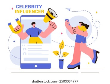 Vector Illustration of Celebrity Influencers Posting on the Internet for Advertising, Marketing, Daily Life, or Endorsements in a Flat Cartoon Style