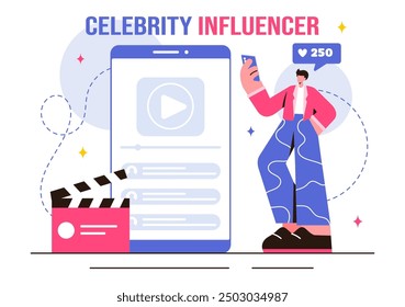 Vector Illustration of Celebrity Influencers Posting on the Internet for Advertising, Marketing, Daily Life, or Endorsements in a Flat Cartoon Style