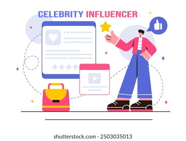 Vector Illustration of Celebrity Influencers Posting on the Internet for Advertising, Marketing, Daily Life, or Endorsements in a Flat Cartoon Style