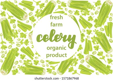 vector illustration of celery isolated with lettering celery background white text fresh farm organic product EPS10