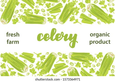 vector illustration of celery isolated with lettering celery background white text fresh farm organic product EPS10