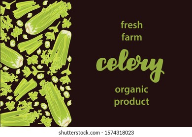 vector illustration of celery isolated with lettering celery background brown text fresh farm organic product EPS10