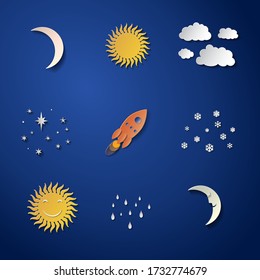 Vector Illustration Of Celestial Bodies And Rocket Paper Cut