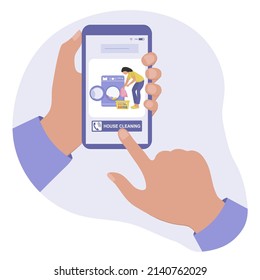 Ilustración vectorial Llamada de teléfono móvil al servicio de limpieza. Limpieza de casa de calidad profesional. Servicio de limpieza. Tareas domésticas. Limpiador de libros, limpiabotas. Hacer un vacío de pedido, eliminación de elementos no utilizados