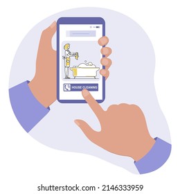 Vector Illustration Cell phone call to cleaning service. Professional quality house cleaning. Housekeeping. Household chores. Book cleaner, scrubwoman. Make an order vacuum, garbage removal