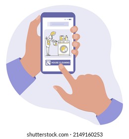 Ilustración vectorial Llamada de teléfono móvil al servicio de limpieza. Limpieza de casa de calidad profesional. Servicio de limpieza. Tareas domésticas. Limpiador de libros, limpiabotas. Hacer un vacío de pedido, eliminación de elementos no utilizados