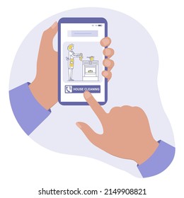 Vector Illustration Cell phone call to cleaning service. Professional quality house cleaning. Housekeeping. Household chores. Book cleaner, scrubwoman. Make an order vacuum, garbage removal