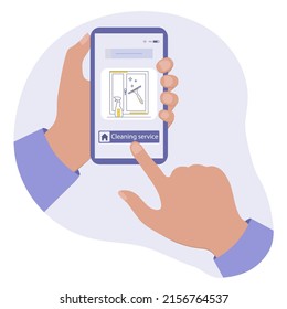 Ilustración vectorial Llamada de teléfono móvil al servicio de limpieza. Limpieza de casa de calidad profesional. Servicio de limpieza. Tareas domésticas. Limpiador de libros, limpiabotas. Hacer un vacío de pedido, eliminación de elementos no utilizados