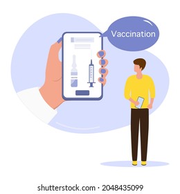 Vector illustration Cell phone Hand Syringe Covid-19 Vaccine bottle Covid vaccination invitation Immunization Coronavirus Vaccination People Healthcare Public health program Medical support service