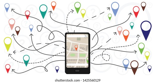 vector illustration of cell phone and navigation symbols for mobile apps and maps routes and directions