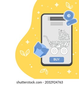 Vector illustration Cell phone Order, purchases of goods for babies. Ordering for delivery online store of baby stuff, accessories. New arrival Sale Shopping. Shop online from home. Advertising banner
