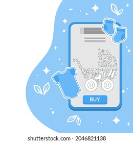 Vector illustration Cell phone Order, purchases of goods for babies. Ordering for delivery online store of baby stuff, accessories. New arrival Sale Shopping. Shop online from home. Advertising banner