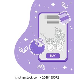 Vector illustration Cell phone Order, purchases of goods for babies. Ordering for delivery online store of baby stuff, accessories. New arrival Sale Shopping. Shop online from home. Advertising banner