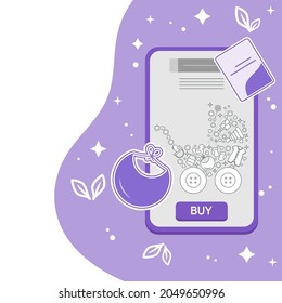 Vector illustration Cell phone Order, purchases of goods for babies. Ordering for delivery online store of baby stuff, accessories. New arrival Sale Shopping. Shop online from home. Advertising banner