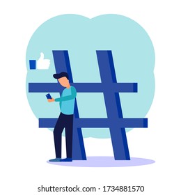 Vector illustration, cellphone with hashtag sign, young man, and social networking.
