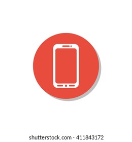 Vector illustration of cellphone sign icon on red circle background.
